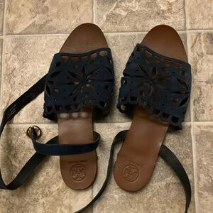 Tory Burch Perforated Navy Ankle Strap Sandals